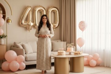 Kobieta świętuje 40. urodziny w eleganckim stroju, otoczona dekoracjami, balonami i tortem w nowoczesnym wnętrzu