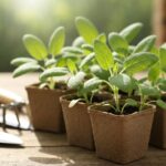 Młode szałwiowe sadzonki w biodegradowalnych doniczkach na drewnianym stole w naturalnym świetle.