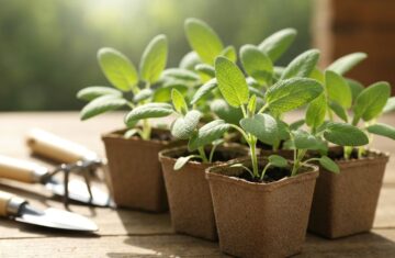Młode szałwiowe sadzonki w biodegradowalnych doniczkach na drewnianym stole w naturalnym świetle.