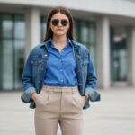 Młoda kobieta w niebieskiej koszuli, beżowych spodniach i kurtce jeansowej w miejskim otoczeniu
