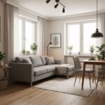 Przytulny salon z nowoczesną szarą sofą narożną, drewnianym stołem i dużym oknem, minimalistyczny wystrój wnętrza