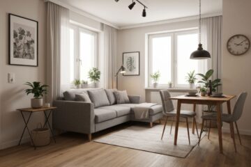 Przytulny salon z nowoczesną szarą sofą narożną, drewnianym stołem i dużym oknem, minimalistyczny wystrój wnętrza
