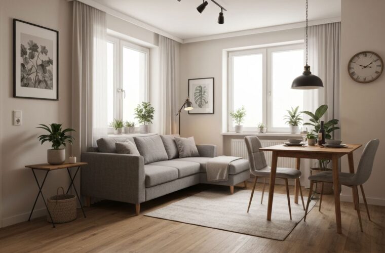 Przytulny salon z nowoczesną szarą sofą narożną, drewnianym stołem i dużym oknem, minimalistyczny wystrój wnętrza