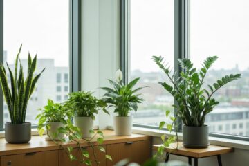 Zbliżenie roślin doniczkowych cieniolubnych na drewnianym stole przy oknie z naturalnym światłem.