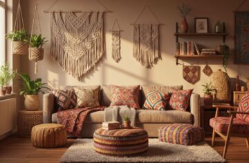 Przytulny salon boho z roślinnymi dekoracjami, kolorowymi poduszkami i drewnianymi meblami w naturalnym świetle