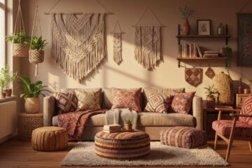 Przytulny salon boho z roślinnymi dekoracjami, kolorowymi poduszkami i drewnianymi meblami w naturalnym świetle
