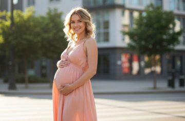 Kobieta w ciąży w lekkiej sukience stoi na zewnątrz, dotykając brzucha, naturalne światło, miejski plener.
