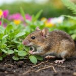 Myszoskoczek gryzący zieloną roślinę w naturalnym ogrodowym środowisku z ziemią i roślinami w tle