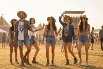 Młodzi ludzie tańczący na letnim festiwalu muzycznym w praktycznych, kolorowych strojach na tle sceny i namiotów