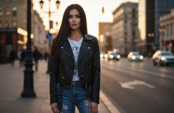 Młoda kobieta w czarnej skórzanej kurtce na ulicy miasta podczas złotej godziny, pełen plan, naturalne światło
