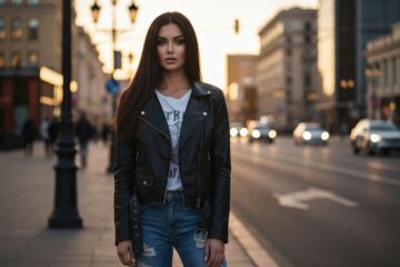 Młoda kobieta w czarnej skórzanej kurtce na ulicy miasta podczas złotej godziny, pełen plan, naturalne światło