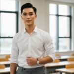 Młody student w nowoczesnej klasie w ubraniu smart casual stoi pewnie przy oknie w naturalnym świetle