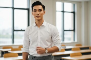Młody student w nowoczesnej klasie w ubraniu smart casual stoi pewnie przy oknie w naturalnym świetle
