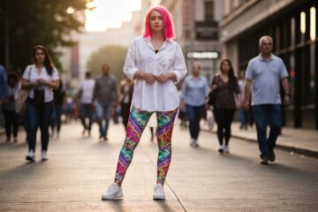 Młoda kobieta w kolorowych legginsach i białej koszuli stoi na miejskiej ulicy w stylu streetwear.