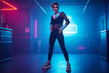 Młoda osoba w techno stylu w klubie z neonami, futurystycznymi dodatkami i dynamiczną postawą