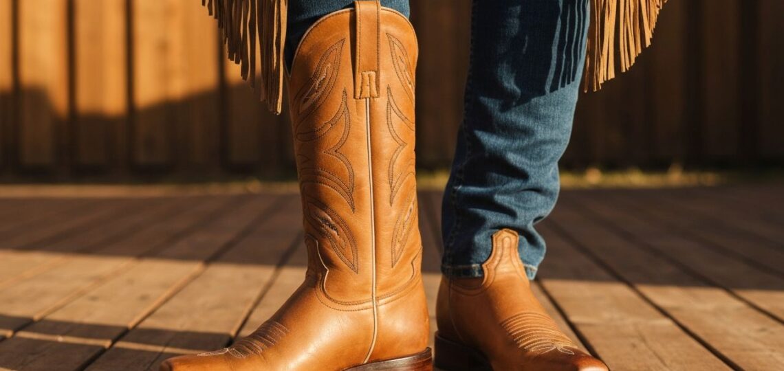 Klasyczne skórzane kowbojki na drewnianej podłodze z dżinsami i zamszową kurtką w stylu western