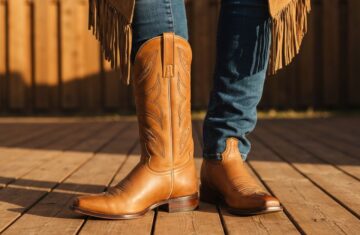 Klasyczne skórzane kowbojki na drewnianej podłodze z dżinsami i zamszową kurtką w stylu western