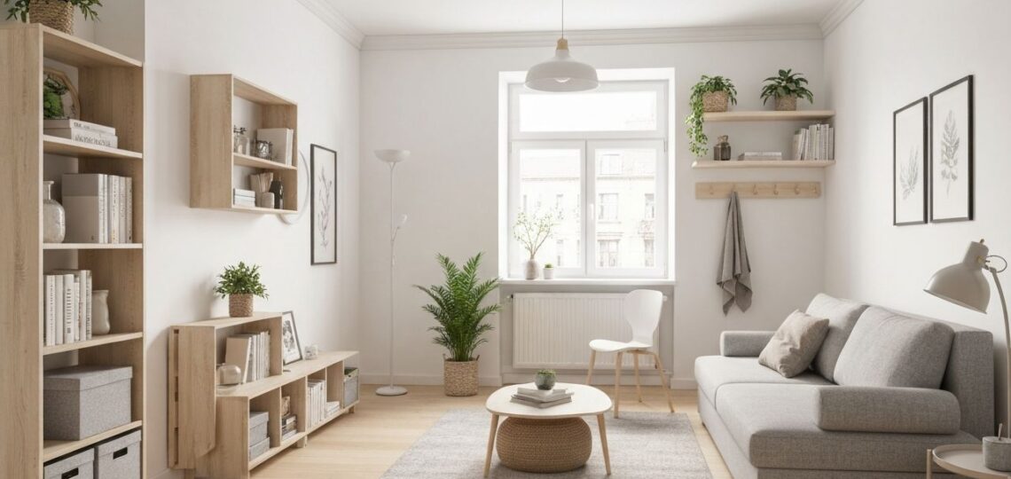 Przytulne mieszkanie 40 m² z funkcjonalnymi meblami, dużymi oknami i jasnym, minimalistycznym wnętrzem.