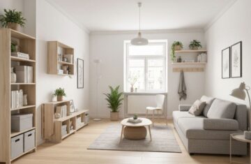 Przytulne mieszkanie 40 m² z funkcjonalnymi meblami, dużymi oknami i jasnym, minimalistycznym wnętrzem.