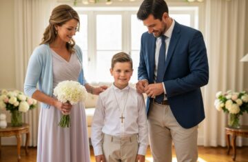 Rodzina przygotowująca dziecko do komunii w eleganckim wnętrzu z kwiatami i naturalnym światłem.