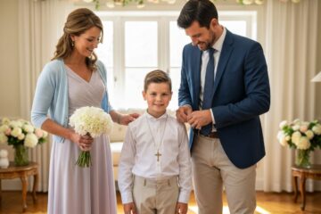 Rodzina przygotowująca dziecko do komunii w eleganckim wnętrzu z kwiatami i naturalnym światłem.