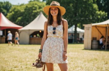 Młoda kobieta uśmiechnięta na festiwalu, w letniej sukience i kapeluszu, z plecakiem, namioty i drzewa w tle