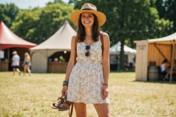 Młoda kobieta uśmiechnięta na festiwalu, w letniej sukience i kapeluszu, z plecakiem, namioty i drzewa w tle