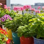 Kolorowy balkonowy ogród z kwitnącymi pelargoniami, petuniami i begonii w ceramicznych donicach, drewniany taras.