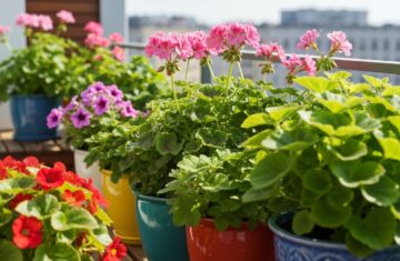 Kolorowy balkonowy ogród z kwitnącymi pelargoniami, petuniami i begonii w ceramicznych donicach, drewniany taras.