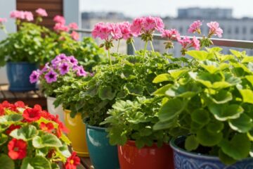 Kolorowy balkonowy ogród z kwitnącymi pelargoniami, petuniami i begonii w ceramicznych donicach, drewniany taras.