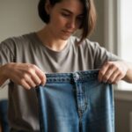 Osoba rozciąga dżinsy rękami, pokazując fakturę materiału w naturalnym świetle w domu