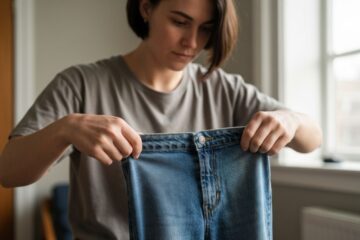 Osoba rozciąga dżinsy rękami, pokazując fakturę materiału w naturalnym świetle w domu