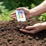 Zbliżenie gleby z zestawem do pomiaru pH i kolorową skalą w naturalnym ogrodzie w jasnym świetle