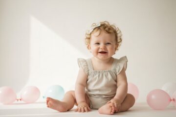 Uśmiechnięte niemowlę w pastelowym ubranku siedzi na białej powierzchni z balonami urodzinowymi.