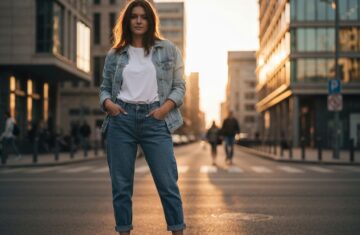 Młoda kobieta w jeansach boyfriend, białym t-shircie i kurtce dżinsowej w miejskim otoczeniu o zachodzie słońca