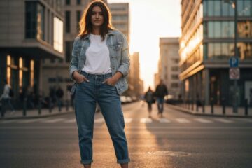 Młoda kobieta w jeansach boyfriend, białym t-shircie i kurtce dżinsowej w miejskim otoczeniu o zachodzie słońca