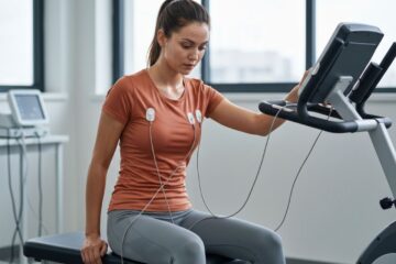 Młoda kobieta w stroju sportowym przygotowuje się do testu wysiłkowego w nowoczesnej klinice medycznej.