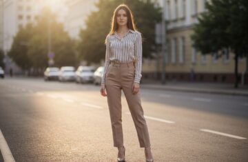Młoda kobieta w modnych spodniach i bluzce stoi pewnie na ulicy miasta, światło podkreśla jej sylwetkę