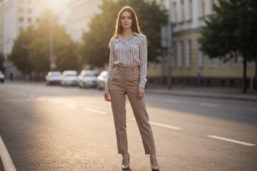 Młoda kobieta w modnych spodniach i bluzce stoi pewnie na ulicy miasta, światło podkreśla jej sylwetkę