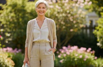 Elegancka kobieta 60+ w beżowym kardiganie i lnianych spodniach stoi w ogrodzie z lekka apaszką.