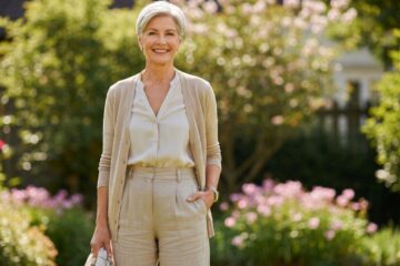 Elegancka kobieta 60+ w beżowym kardiganie i lnianych spodniach stoi w ogrodzie z lekka apaszką.