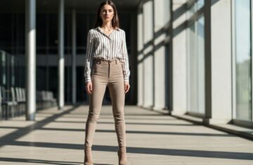 Pełnometrażowy portret pewnej siebie kobiety w miejskim otoczeniu w modnych spodniach i bluzce z pionowymi paskami