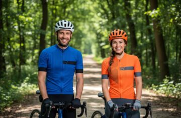 Dwóch rowerzystów w odzieży kolarskiej stoi obok siebie na leśnej ścieżce rowerowej w słoneczny dzień
