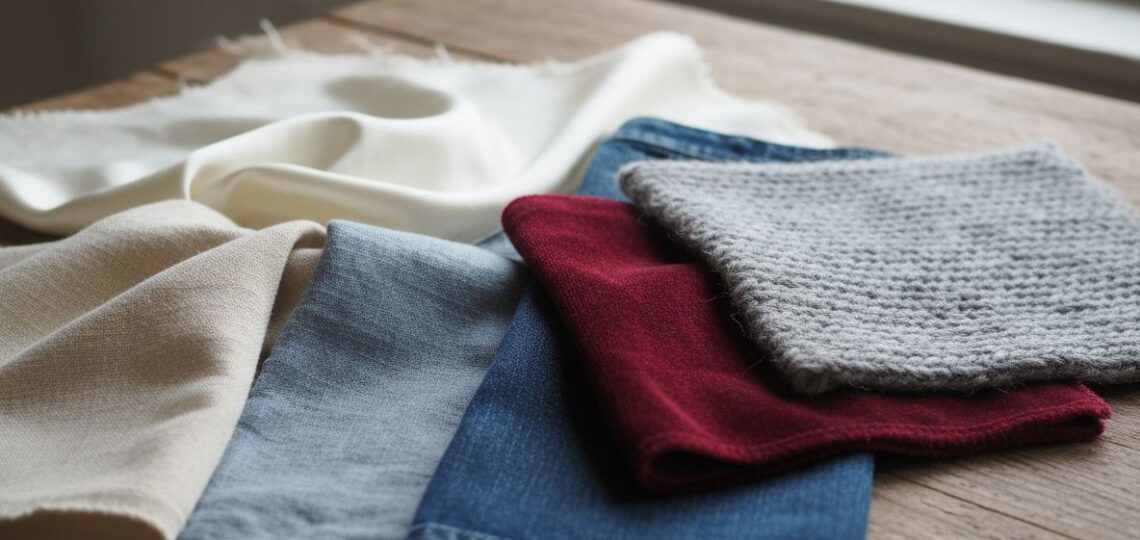 Zbliżenie próbek tkanin: bawełna, len, jedwab, wełna, denim i aksamit na drewnianym stole