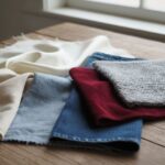 Zbliżenie próbek tkanin: bawełna, len, jedwab, wełna, denim i aksamit na drewnianym stole