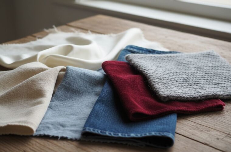 Zbliżenie próbek tkanin: bawełna, len, jedwab, wełna, denim i aksamit na drewnianym stole