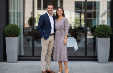 Mężczyzna w marynarce i kobieta w sukience stoją przed nowoczesną restauracją w ciągu dnia.
