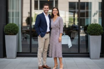 Mężczyzna w marynarce i kobieta w sukience stoją przed nowoczesną restauracją w ciągu dnia.