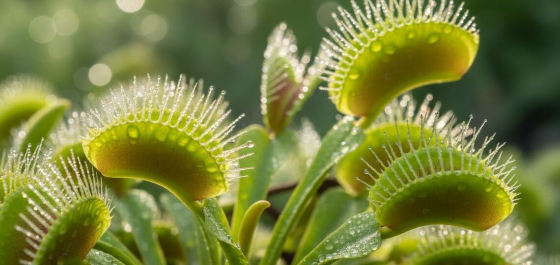Dionaea muscipula z otwartymi pułapkami i kropelkami rosy na liściach w naturalnym otoczeniu ogrodu
