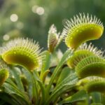 Dionaea muscipula z otwartymi pułapkami i kropelkami rosy na liściach w naturalnym otoczeniu ogrodu